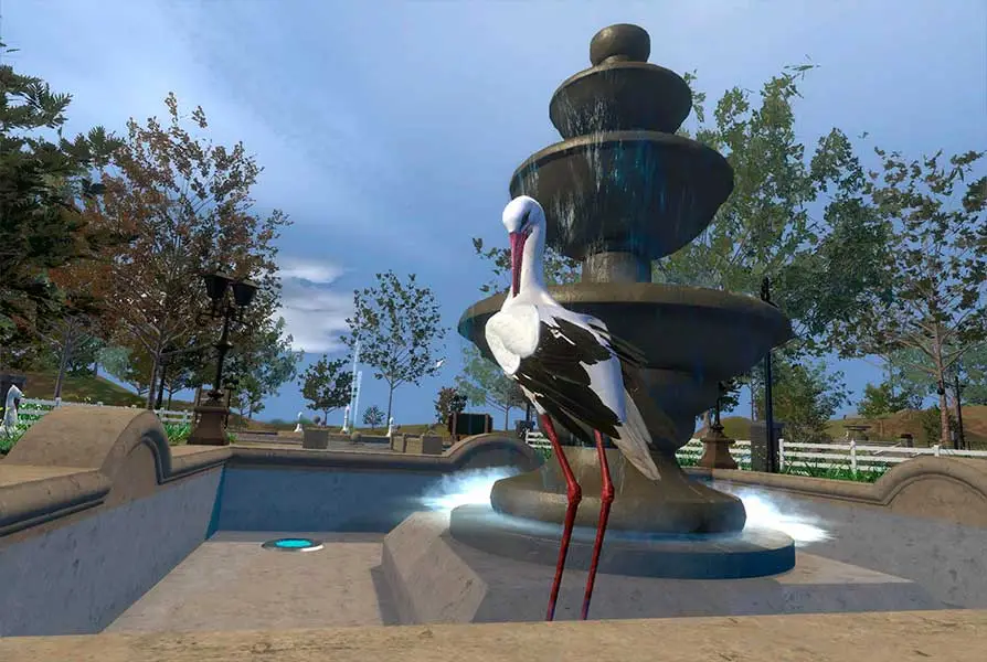 VR Therapie bei Depression: Park Szenario - Brunnen mit Reiher