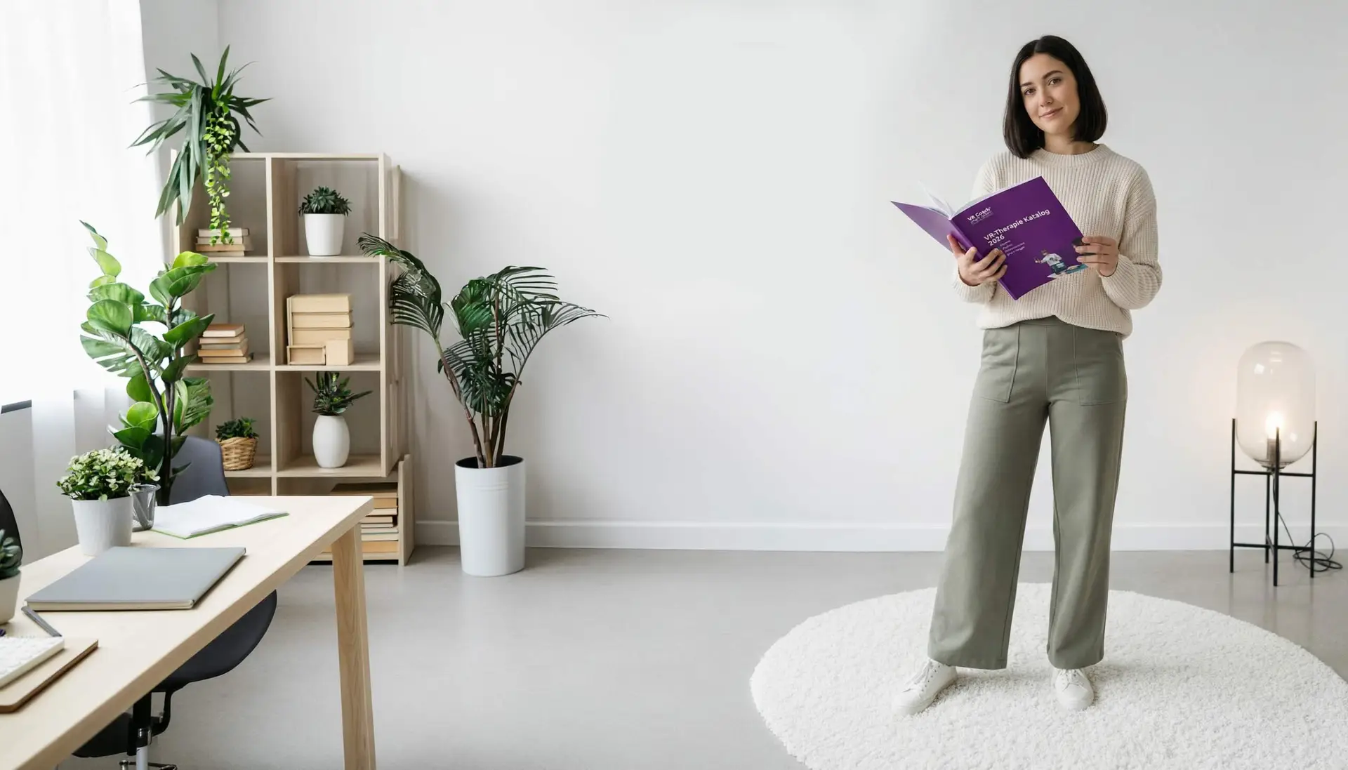 Stehende Frau mit Katalog in der Hand, VR Coach smartsystem VR Therapie