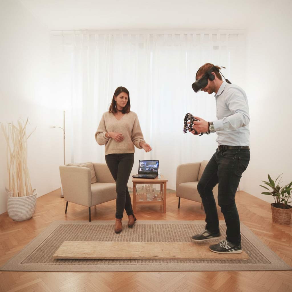 Therapeut am Laptop mit Patient und VR Headset, VR Coach smartsystem VR Therapie