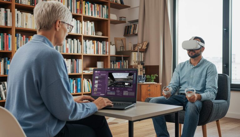 Headerbild, Wohnzimmer, VR Therapie, Patient mit VR Headset und Therapeutin mit VR Coach smartsystem Software