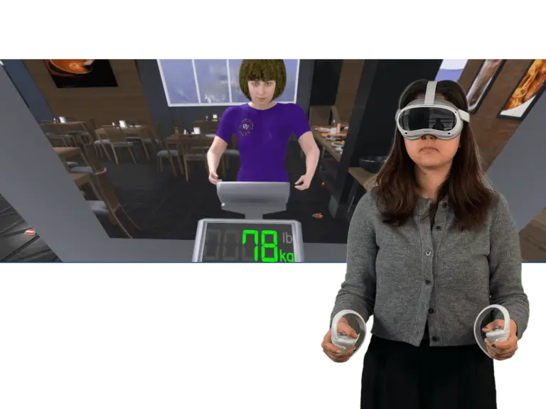 Essstörungen Szenario, VR Therapie mit VR Coach smartsystem, Waage und Spiegel