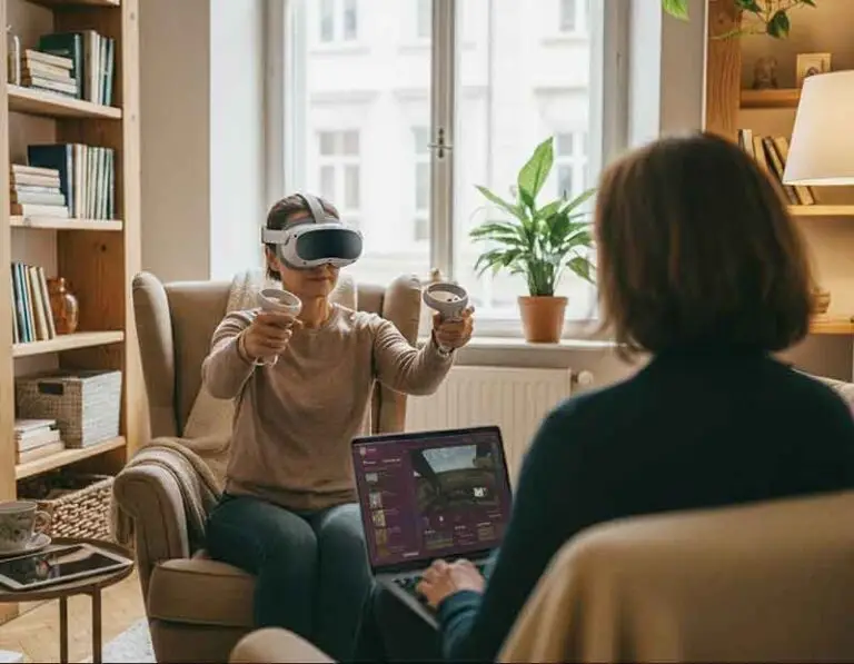 Ein Psychotherapeutin bei einer Sitzung mit dem smartsystem von VR Coach