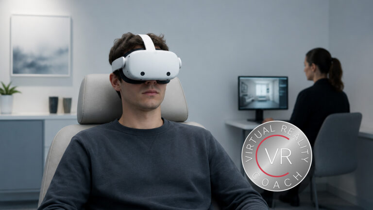 Nahaufnahme einer Person mit VR-Brille — ruhige, neutrale Umgebung, klinischer Kontext