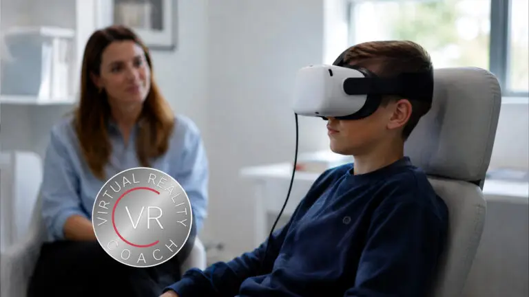 Child wearing VR headset during exposure therapy, accompanied by a therapist in the background