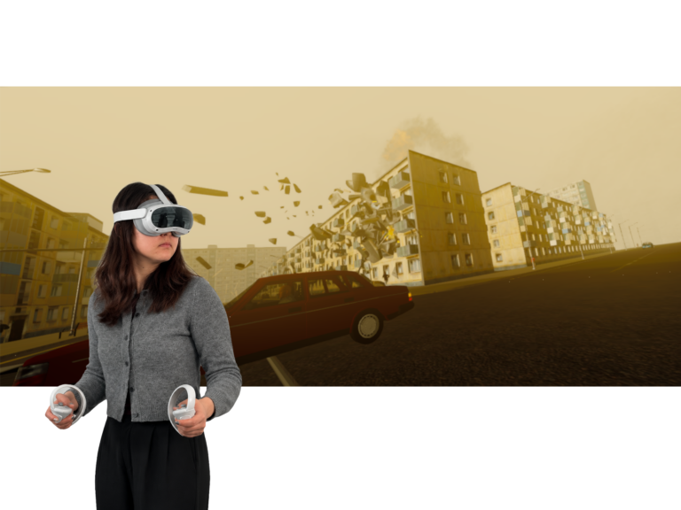 Kriegsszenario PTBS, VR Therapie mit VR Coach smartsystem, Explosion in Gebäude, zivile Konfliktzone