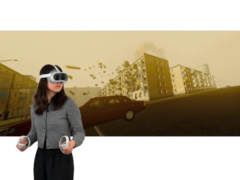 Kriegsszenario PTBS, VR Therapie mit VR Coach smartsystem, Explosion in Gebäude, zivile Konfliktzone