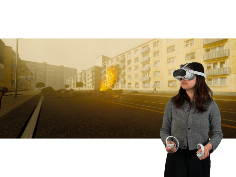 Kriegsszenario PTBS, VR Therapie bei PTBS mit VR Coach smartsystem, ausgebranntes Fahrzeug in urbaner Konfliktzone
