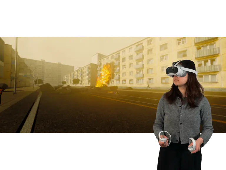 Kriegsszenario PTBS, VR Therapie bei PTBS mit VR Coach smartsystem, ausgebranntes Fahrzeug in urbaner Konfliktzone